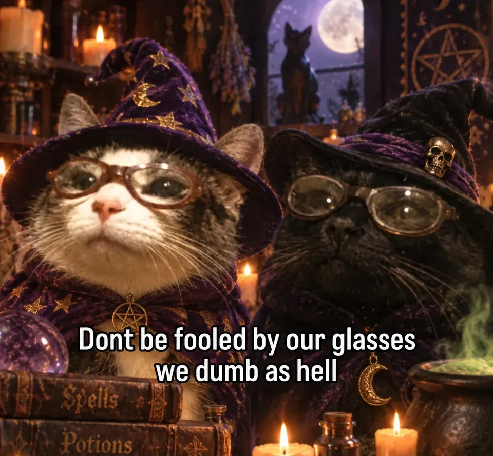 Two cats in witch hats and glasses. Caption: Don't be fooled by our glasses, we dumb as hell.